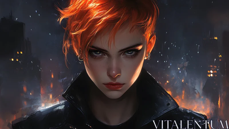 Portrait shows red-haired figure against burning city backdrop