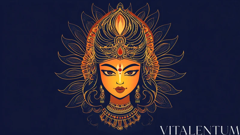 Divine goddess portrait in ornate golden mandala frame.