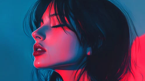 Neon-lit female profile in cinematic red and cyan glow.