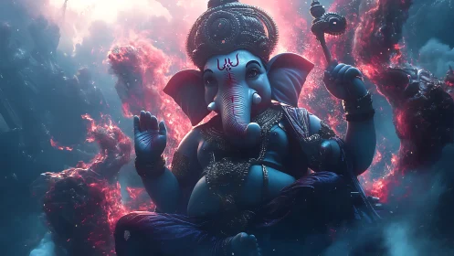 Divine Ganesha rendered in cinematic nebular light and chromatic haze