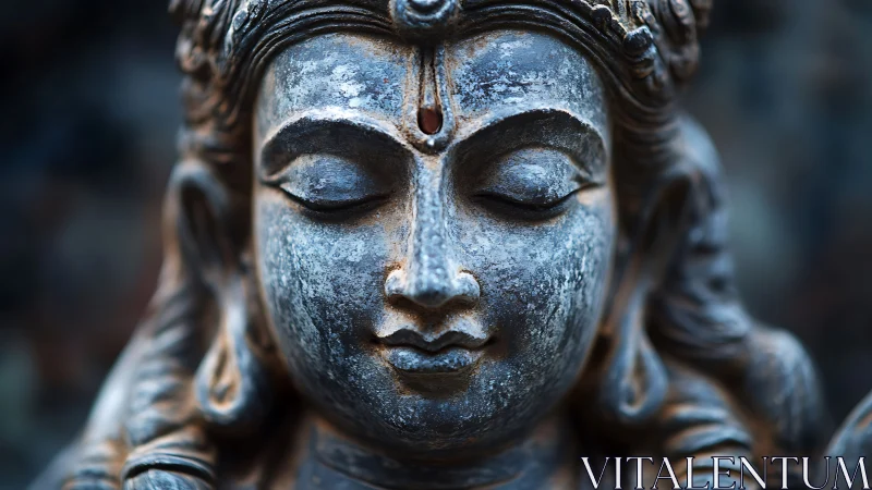 Weathered stone deity visage with meditative optical focus.