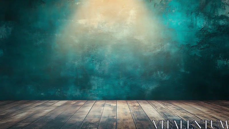 Weathered teal studio wall with lit wooden floorboards.