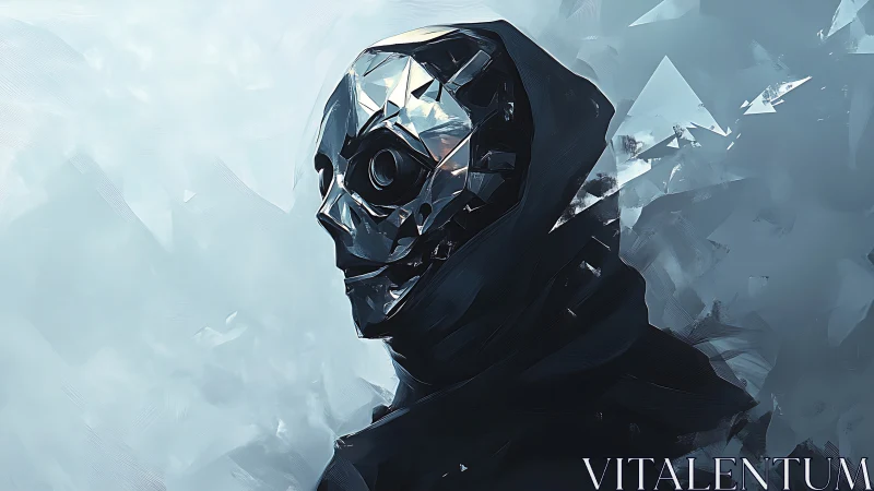 Hooded metallic skull figure stands in an abstract icy void