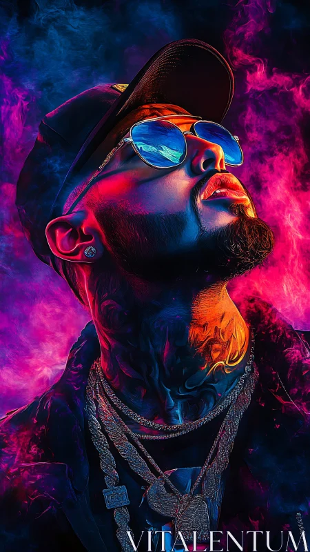 Neon-lit portrait of a confident man in glowing colors.