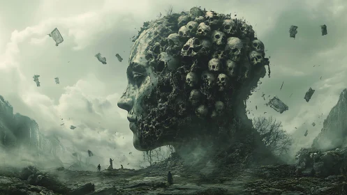 Colossal skull-embedded head dominates a desolate wasteland