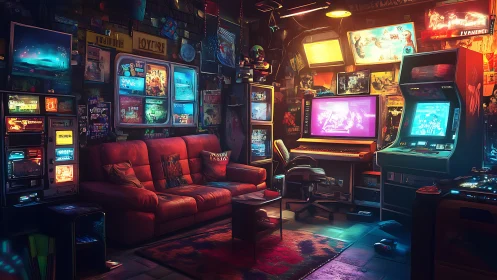 Retro gaming den with neon arcade machines and sofa.