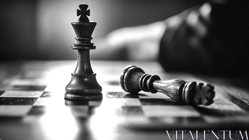 Black king stands over fallen king on chessboard endgame.