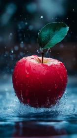 Hyperreal red apple splashing upward in shallow reflective water