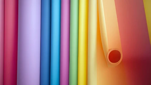Rolled rainbow papers line up in soft, candy-bright harmony.
