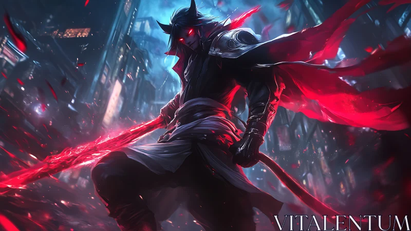 Cyberpunk warrior with energy blade in neon cityscape composition.