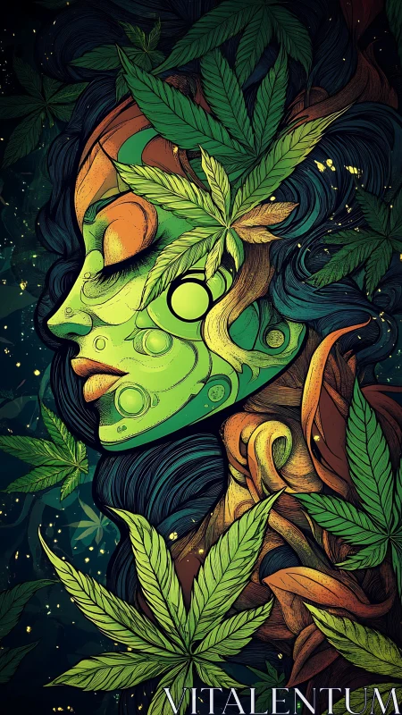 Psychedelic botanical muse with swirling cannabis arabesques.