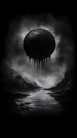 Monochrome landscape with suspended dripping dark sphere.