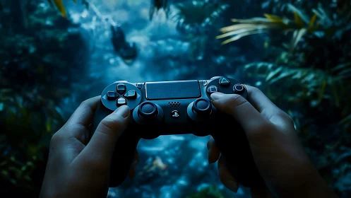 Gaming controller frames immersive jungle adventure scene.