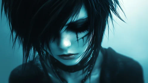 Melancholic emo girl portrait in cool blue lighting.
