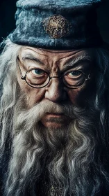 Elderly wizard portrait with intense gaze and silver beard.