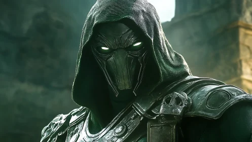 Hooded iron wraith with glowing eyes in ruined citadel.