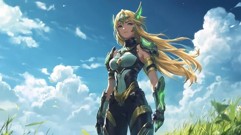 Heroic anime mecha paladin under expansive summer sky.