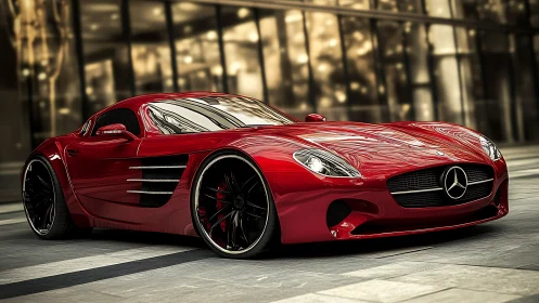 Sleek red Mercedes supercar gleams in a modern cityscape.