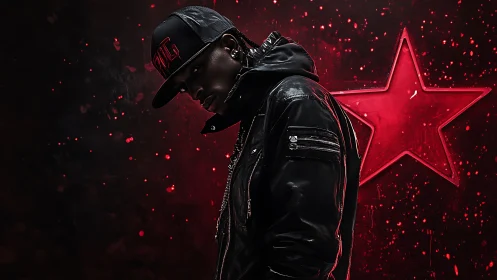 Streetwear portrait integrates neon star and cinematic lighting