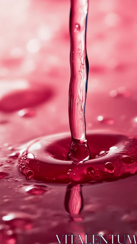 Vertical red liquid stream and surface impact in macro view.