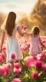 Two sisters dance through crimson tulips at golden hour's enchanted glow