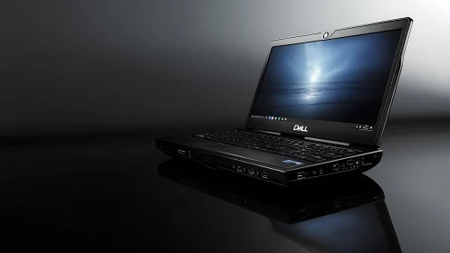 Oblique-view Dell mobile workstation on reflective studio surface.