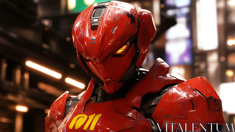 Crimson sentinel android watches neon city with burning focus.