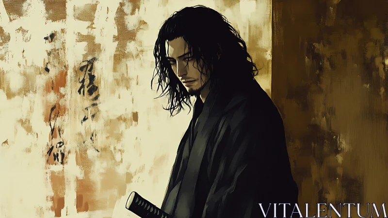 Solitary samurai contemplates quietly against worn walls.