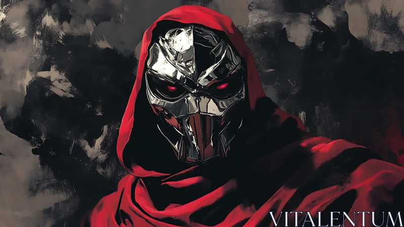 Mysterious armored figure wrapped in shadowy crimson cloth.