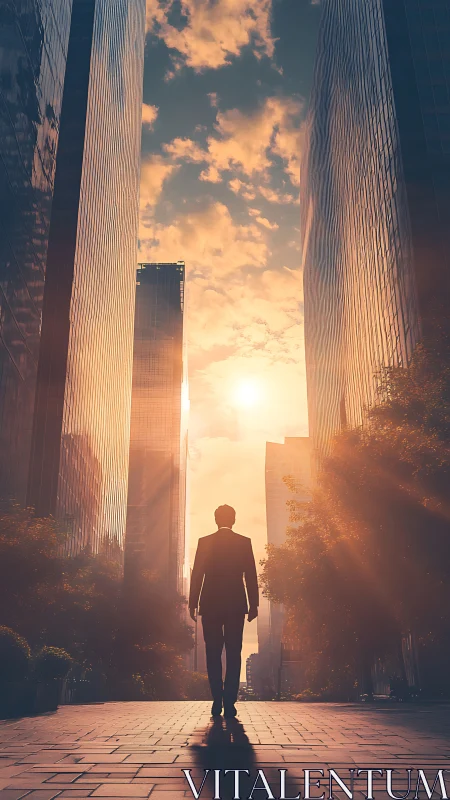 Silhouetted office worker in sunlit high-rise corridor at dawn.