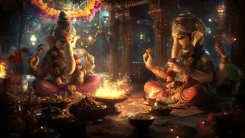 Twin Ganesha guardians kindle devotion in shimmering firelit haze