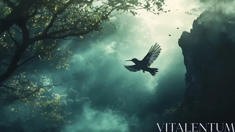 Solitary bird glides through misty forest light and shadow