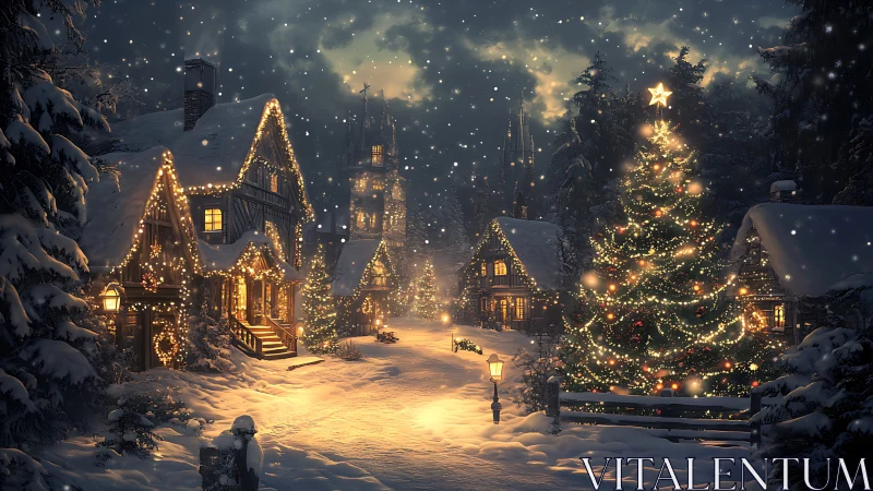 Snowy village glows under magical Christmas lights at night.