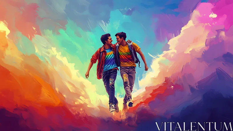 Vibrant digital painting of joyful couple walking together.
