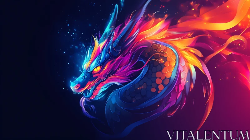 Neon dragon blazes through cosmic darkness in vivid light
