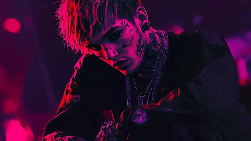 Neon-lit tattooed youth leans forward under magenta glow