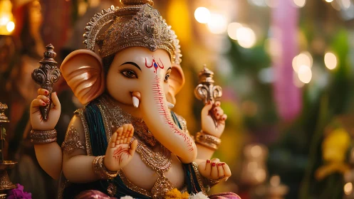 Ganesh idol with ornate crown in warm festive lighting.