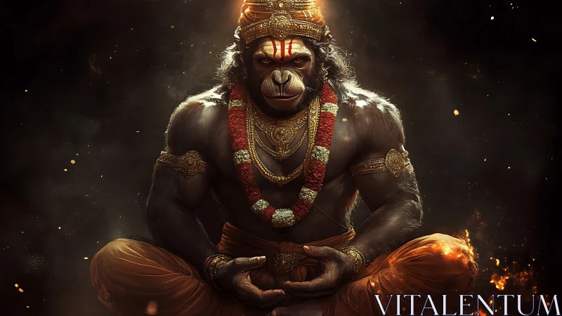 Divine warrior monkey god sits in fiery meditative calm