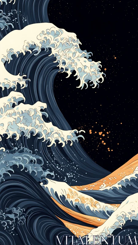 Stylized dark ocean waves with flowing golden accents.