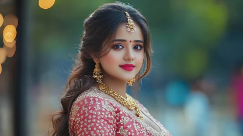 Woman in ornate pink lehenga poses outdoors at dusk