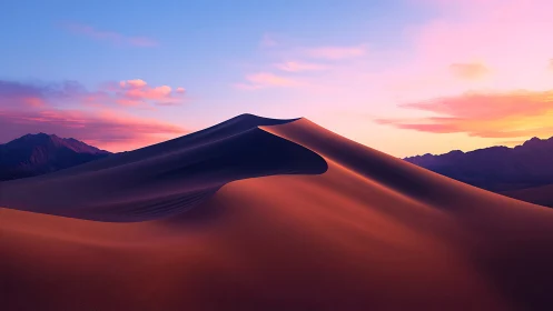 Sunlit desert dunes under soft pastel sunset sky.