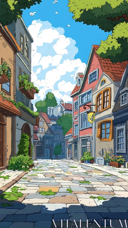 Sunlit cobblestone street in stylized European village perspective.