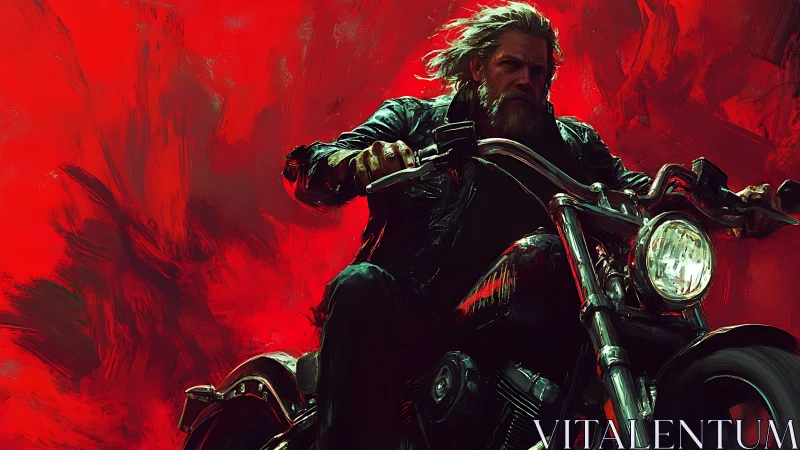 Bearded biker drives chrome motorcycle through red storm