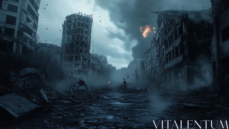 Urban street shows extensive structural collapse and fire