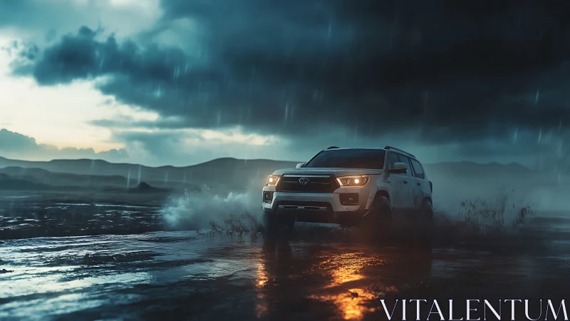 Storm-chasing SUV carves neon rain into wild horizon roads.