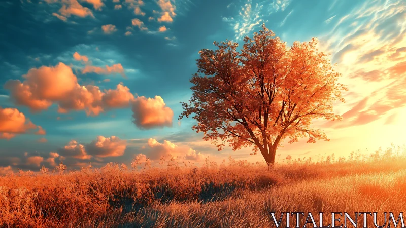 Lone autumn tree glows against vibrant sunset field sky