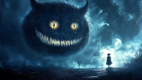 Giant spectral cat confronts lone child in stormlit void