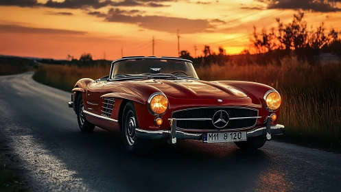 Classic red Mercedes roadster on rural highway at sunset