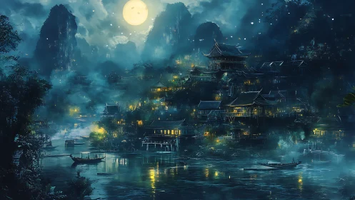 Moonlit riverside village with tiered temples and boats.