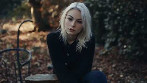 Softly lit contemplative portrait of blonde woman in autumn woods
